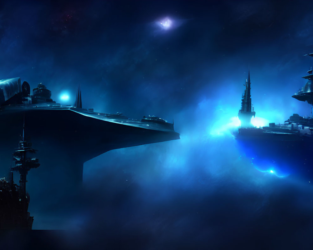 Futuristic spaceship and naval warship in misty clouds under dark blue sky