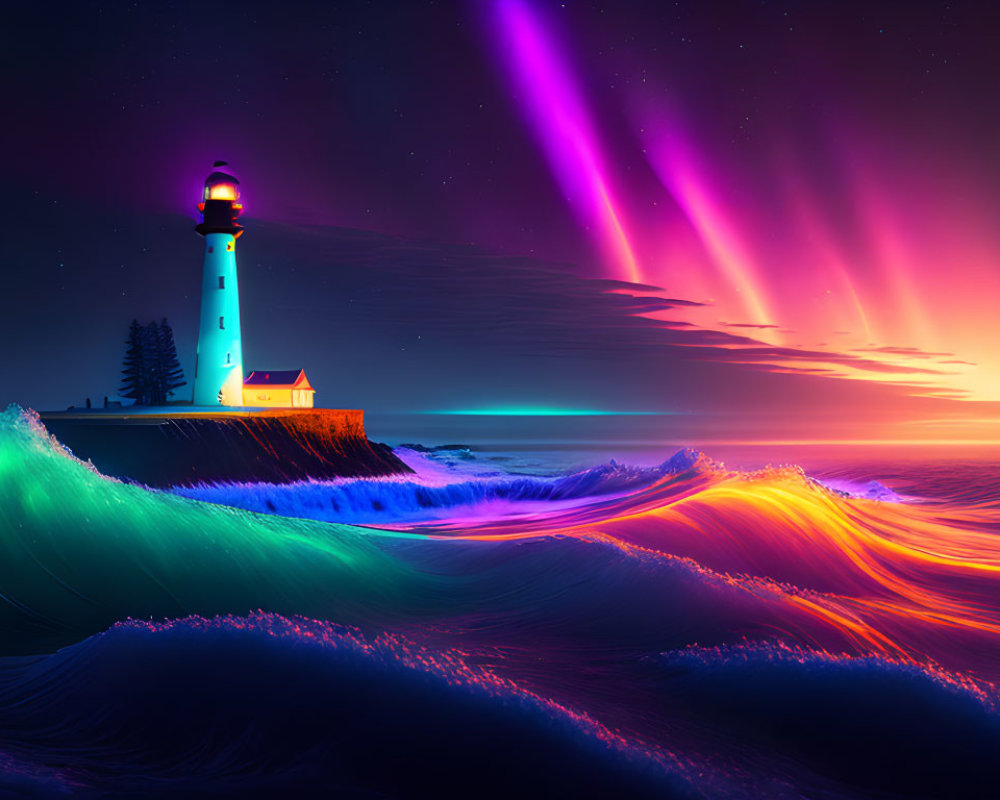 Vivid Digital Artwork: Lighthouse on Cliff, Waves, Northern Lights