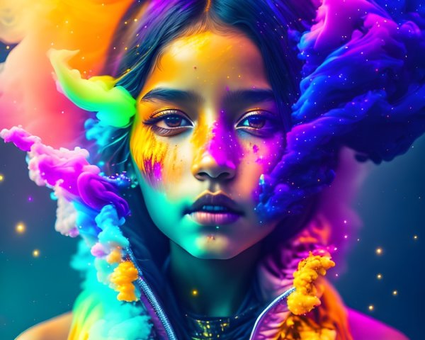 Colorful girl surrounded by swirling paint and powder on nebula background