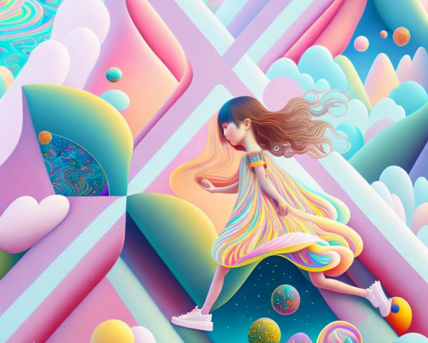 Colorful Surreal Landscape with Levitating Girl and Geometric Shapes