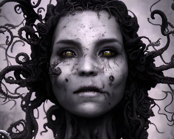 Fantastical character with pale skin, yellow eyes, and tentacle hair on monochrome backdrop