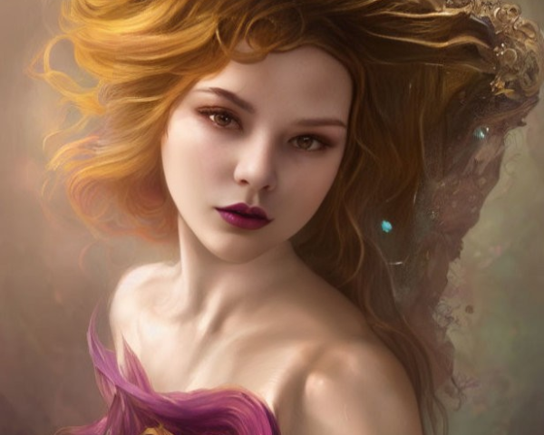 Digital painting of woman with auburn hair in purple garment against misty background