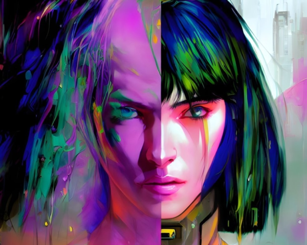 Colorful split-face digital artwork with futuristic cityscape background in purple and yellow hues