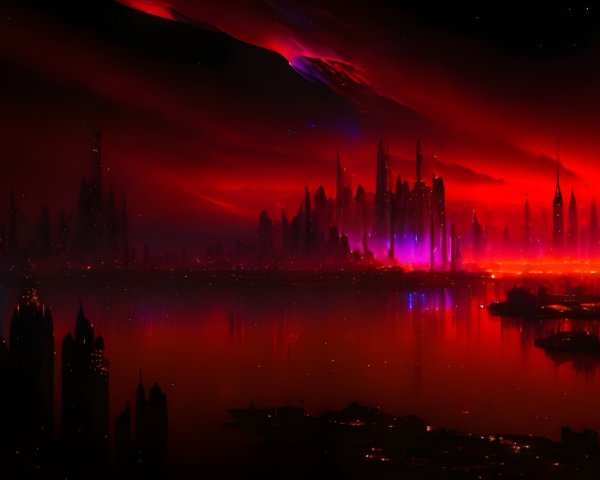 Futuristic city skyline at night with neon lights and red aurora sky