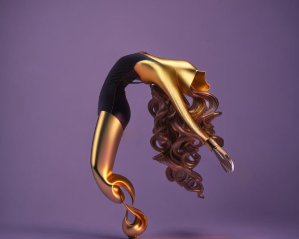 Stylized 3D rendering of gold and black female figure in dynamic pose on purple background