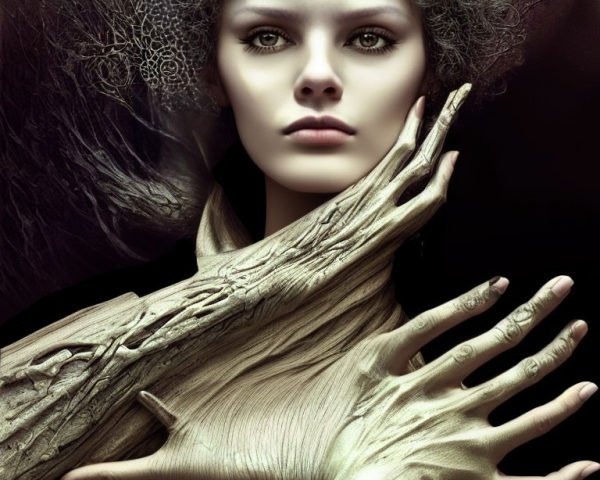 Surreal portrait of woman merging with tree elements and wooden textures.
