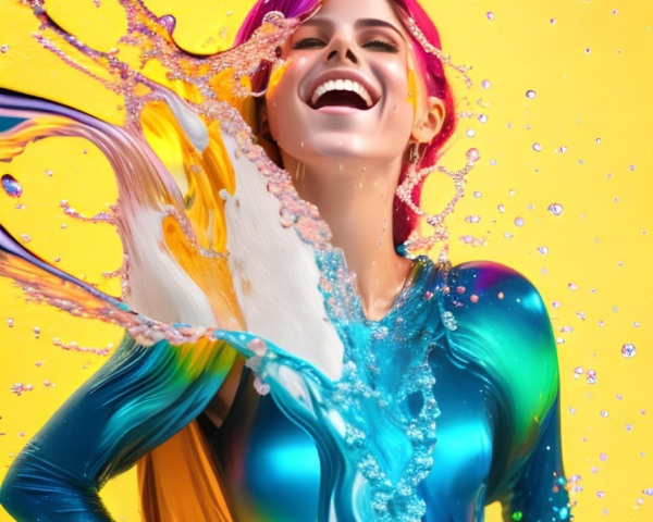 Vibrant pink hair woman laughs in colorful liquid splash scene