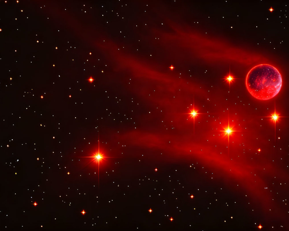 Red Nebula and Stars in Cosmic Scene: Red Sphere in Dark Space