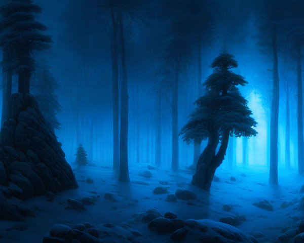 Mystical blue forest with towering trees and foggy glow