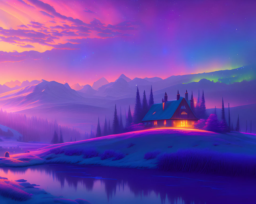 Twilight mountain landscape with cozy cabin by river under purple Northern Lights