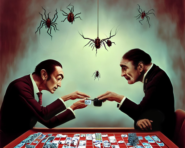 Identical men with elongated faces playing cards under hanging spiders