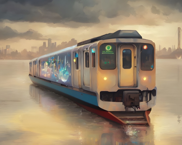 Futuristic train over water at sunset with city skyline and illuminated bridge