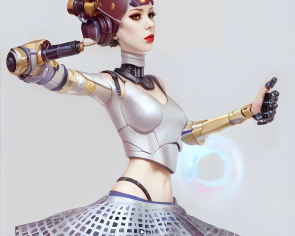 Futuristic female robot with metallic body and energy ball hand