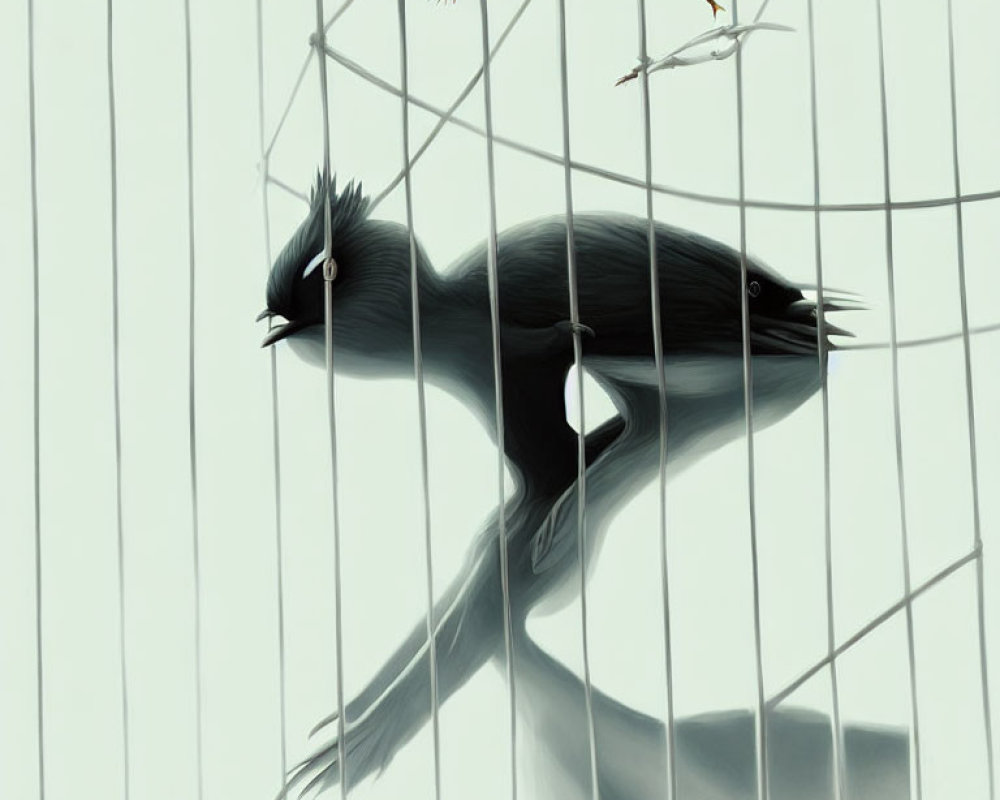 Stylized black bird with crest in white cage, shadow and leaves.