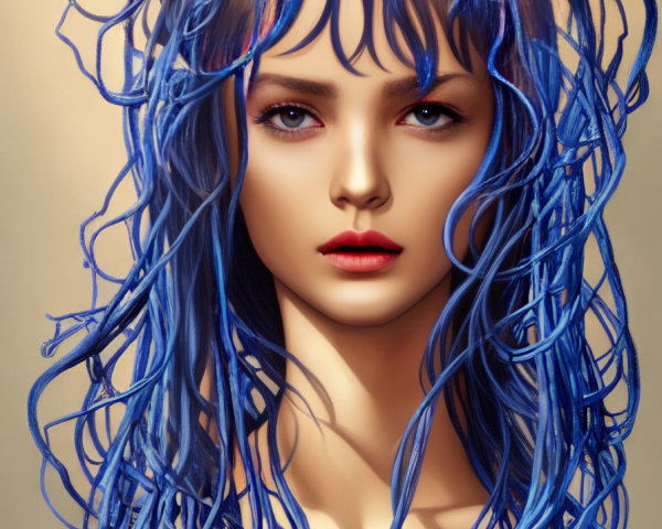 Vibrant digital artwork of a woman with blue hair and red lips