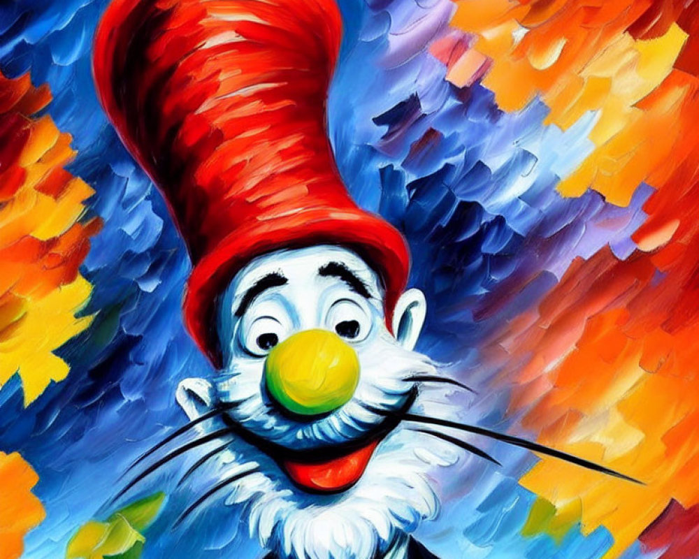 Whimsical character with red hat in colorful painting