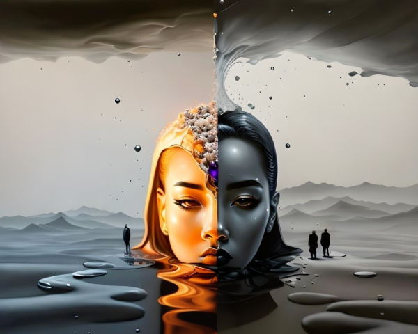 Woman's face split between sunset and stormy seascape in unique image