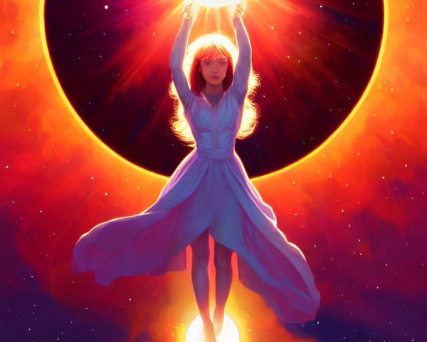 Mystical figure in flowing dress with glowing orb and cosmic backdrop