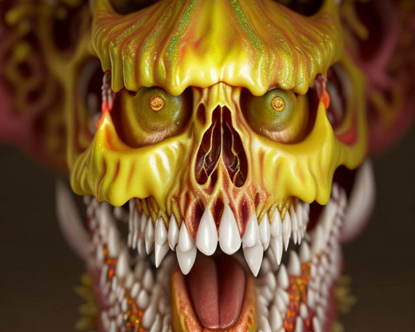 Fantastical creature head with yellow eyes and sharp teeth in close-up
