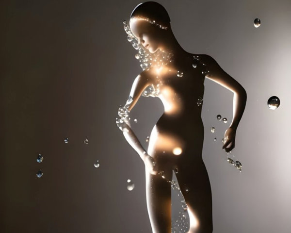 Glowing human-like figure in rising water droplets and light on dark background