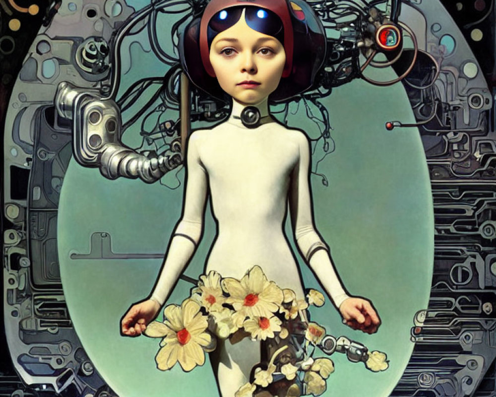 Illustration of child-like figure with robotic body and floral adornments