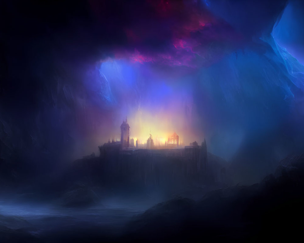 Mystical castle glowing in cavern with blue and pink lights