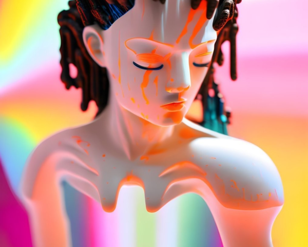 Vibrant 3D illustration of person with closed eyes and paint drips on skin on rainbow