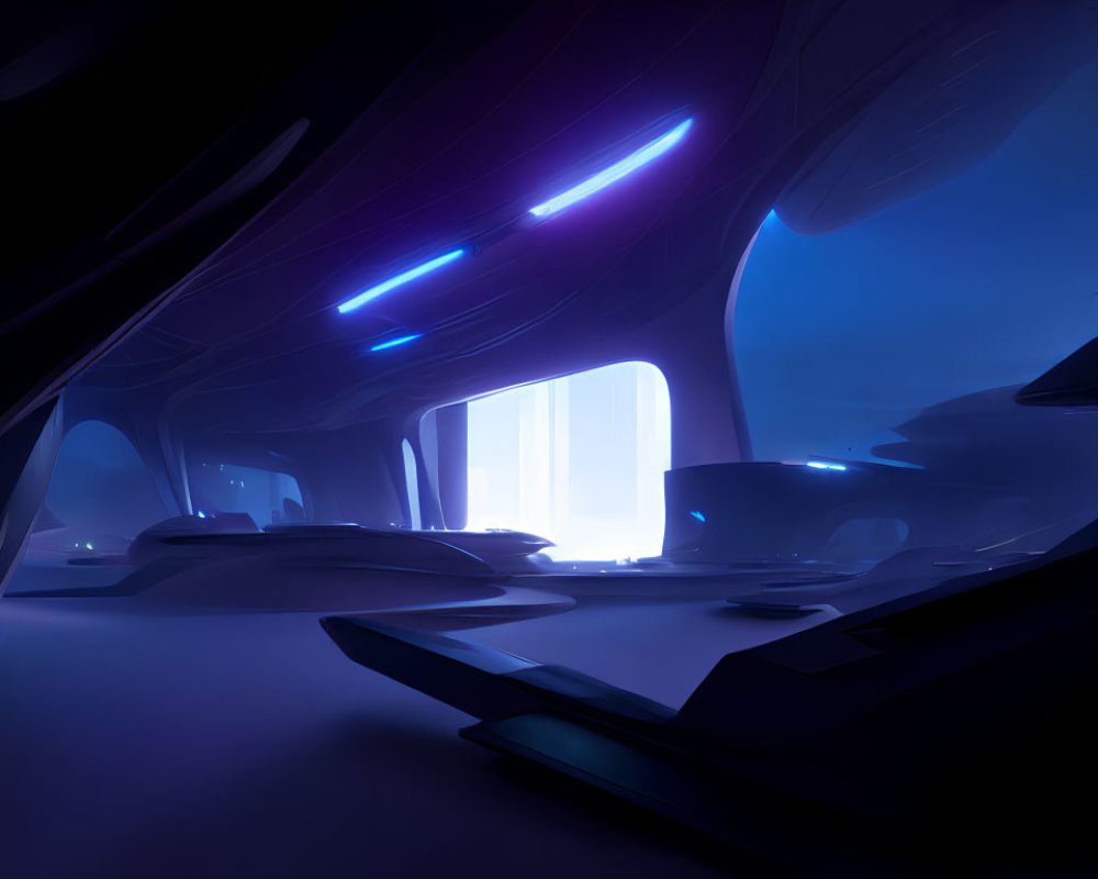 Sleek Dark Interior with Glowing Blue Lights and Bright Portal