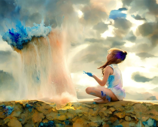 Person with Body Paint Sitting by Colorful Waterfall