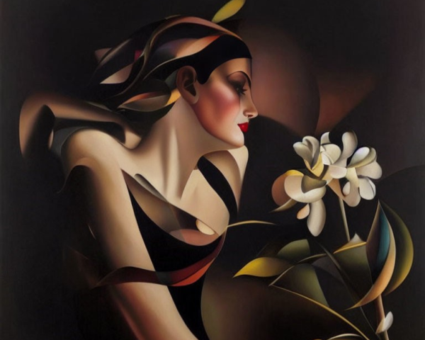 Stylized woman with flowing hair and white flower in modern, curvilinear style