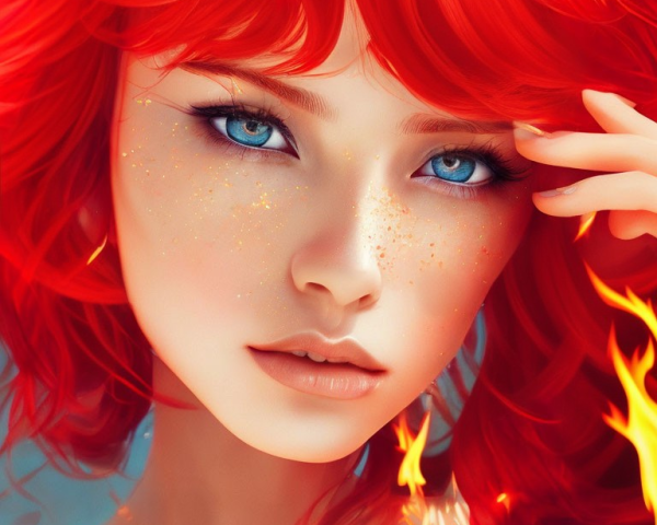 Vibrant red hair, blue eyes, freckles in digital portrait