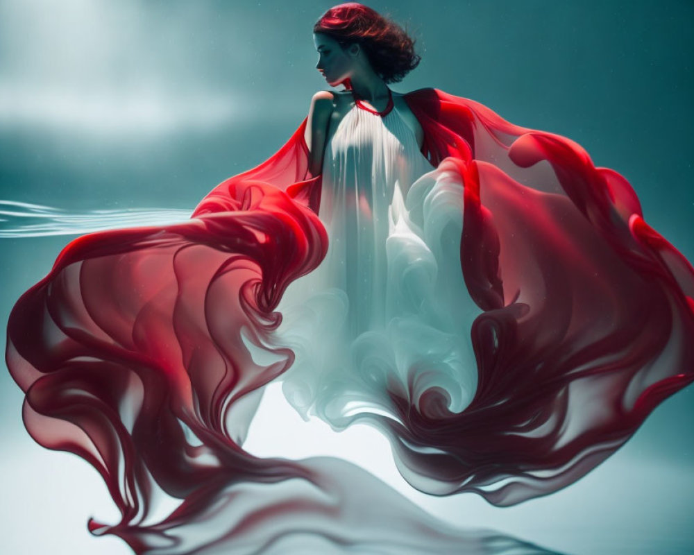 Woman in Red and White Dress Submerged in Water
