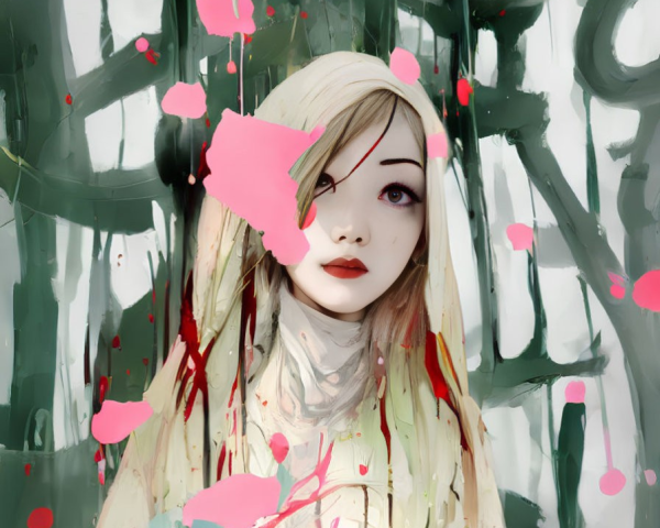 Digital Artwork: Girl with Pale Blonde Hair and Expressive Eyes in Abstract Green and Pink Setting