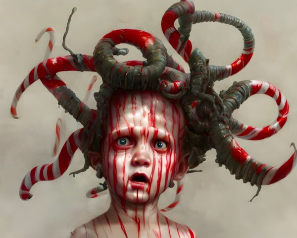 Surreal portrait of child with red and white striped horns