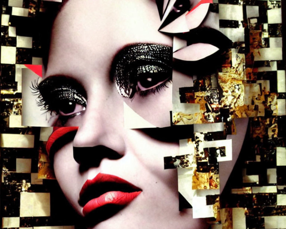Collage-style portrait of woman with dark eye makeup and red lips on checkered background