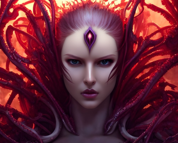 Fantastical woman with pale skin and gem on forehead in red tendrils.