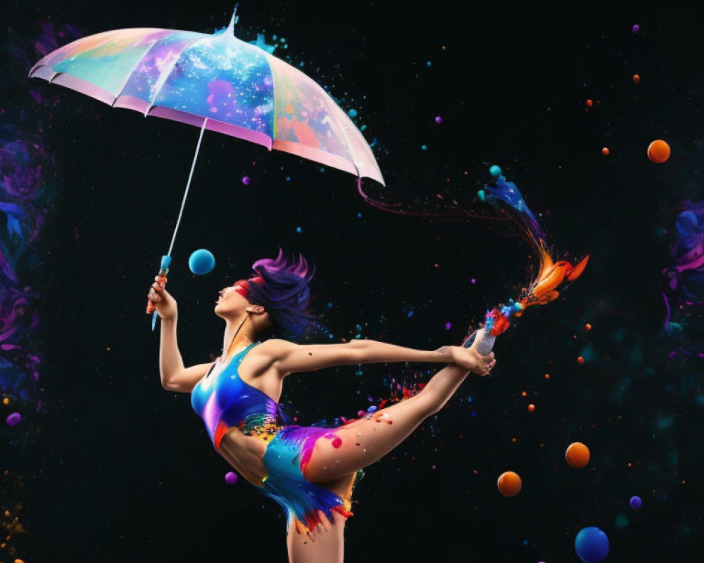 Colorful Body Paint Person Holding Galaxy Umbrella in Dark Setting