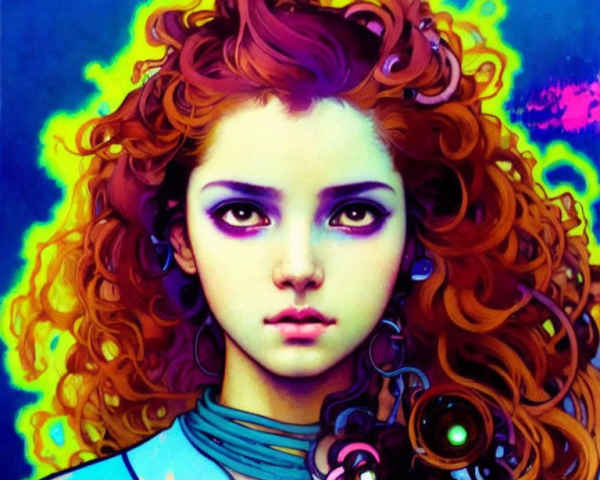 Colorful portrait of a woman with curly red hair and intense gaze