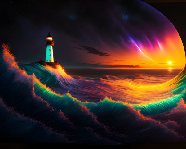 Lighthouse on Cliff with Towering Waves, Planet, and Aurora Lights