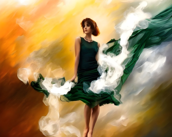 Levitating woman in green dress with flowing fabric on warm, abstract background