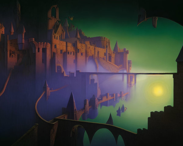 Dark castle with turrets and bridges in green glow under yellow moon
