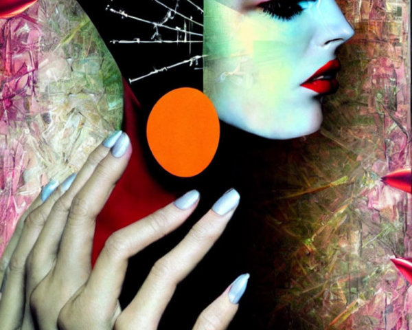 Collage-art style image of woman with blue skin and red lips against textured background.
