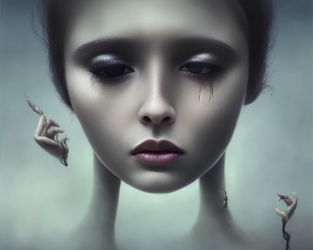 Surreal portrait: Woman with dark eye makeup and tiny human figures in soft background