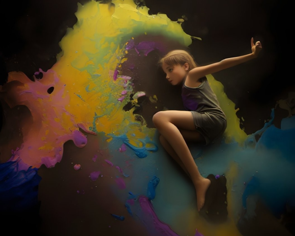 Child leaping through vibrant multicolored paint on dark background