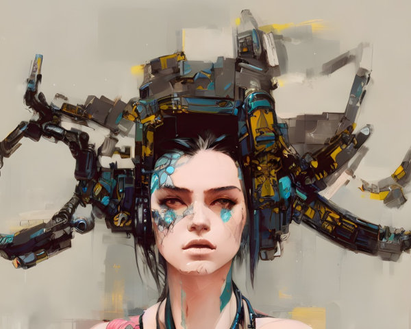 Digital artwork of woman with stern expression and mechanical headdress