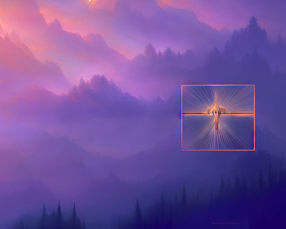 Purple-hued mountains with luminous figure in misty forest at dawn or dusk