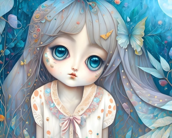 Illustration of girl with blue eyes in magical floral setting