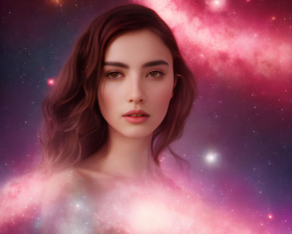 Portrait of a woman with cosmic galaxy effects in pink and red hues