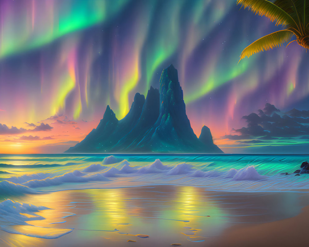 Colorful Aurora Over Beach with Mountain and Sunset Reflections