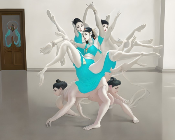 Surreal painting of multi-armed woman in blue dress dancing with mirror-like reflections